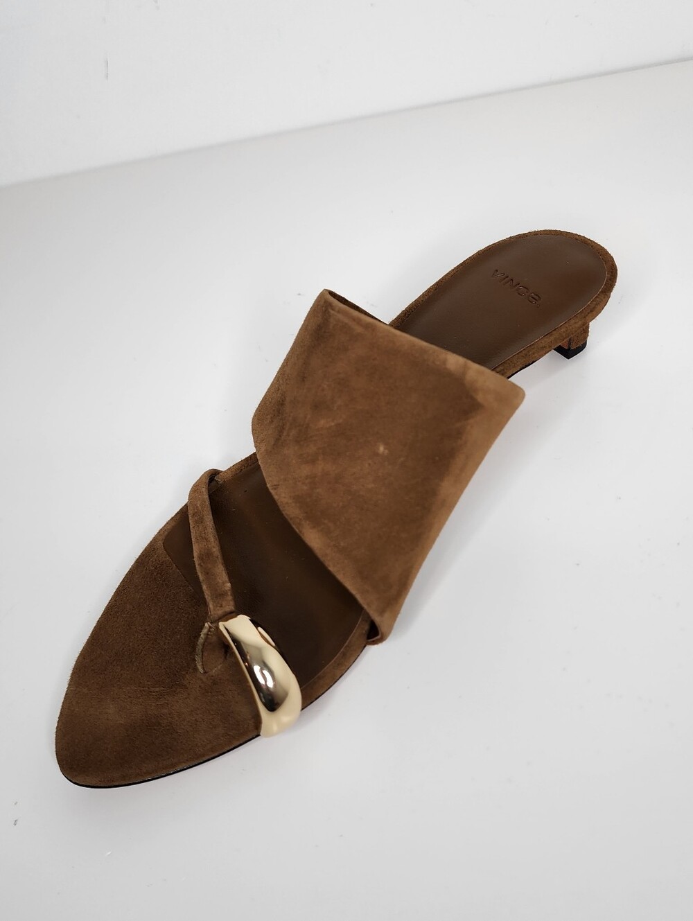 Vince Suzie Brown Suede Kitten Heel Slide Sandals Size 8.5 - Picture 8 of 11